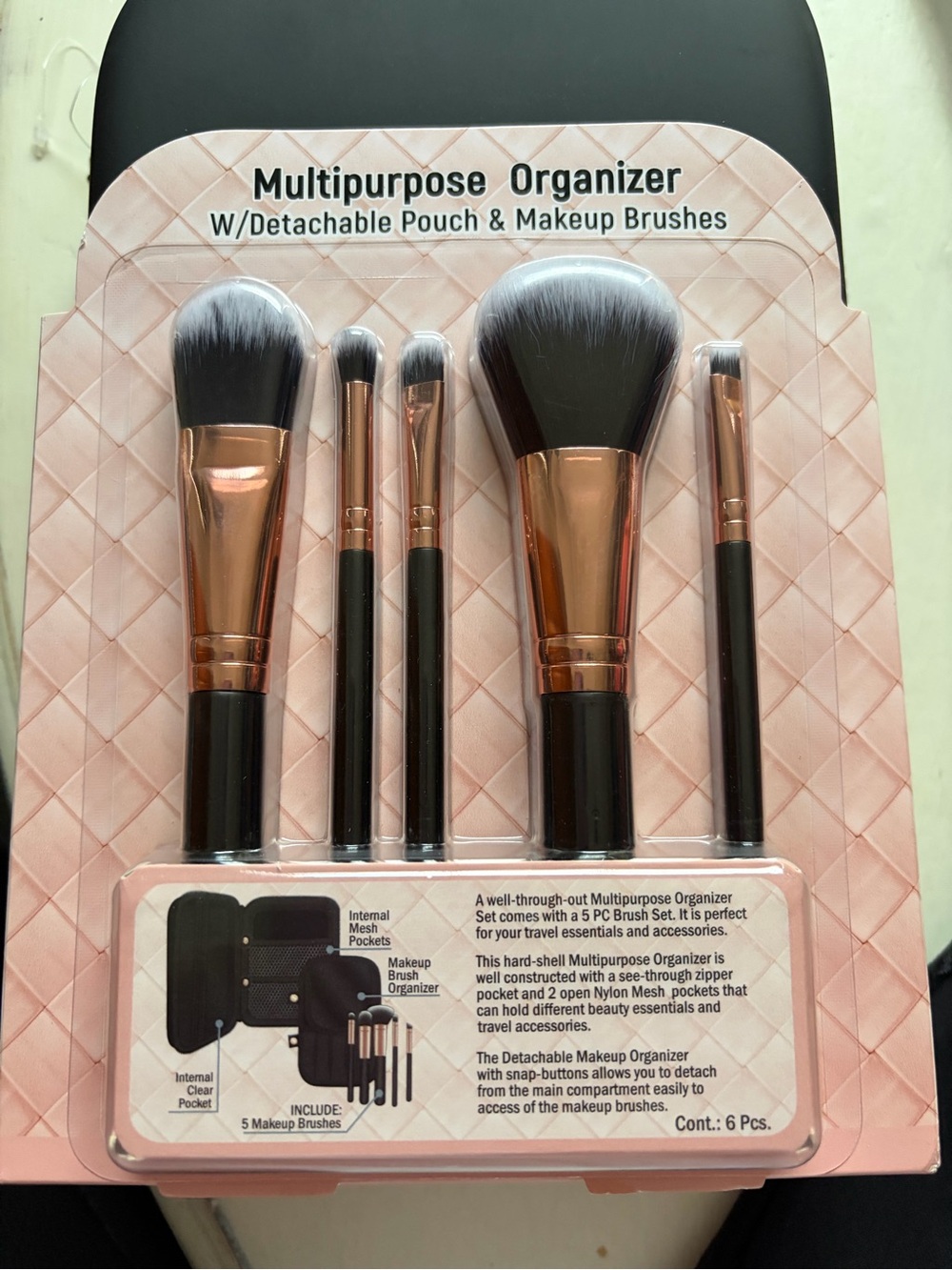 Multipurpose Organizer with 5-Piece Makeup Brush Set - Pink & Rose Gold